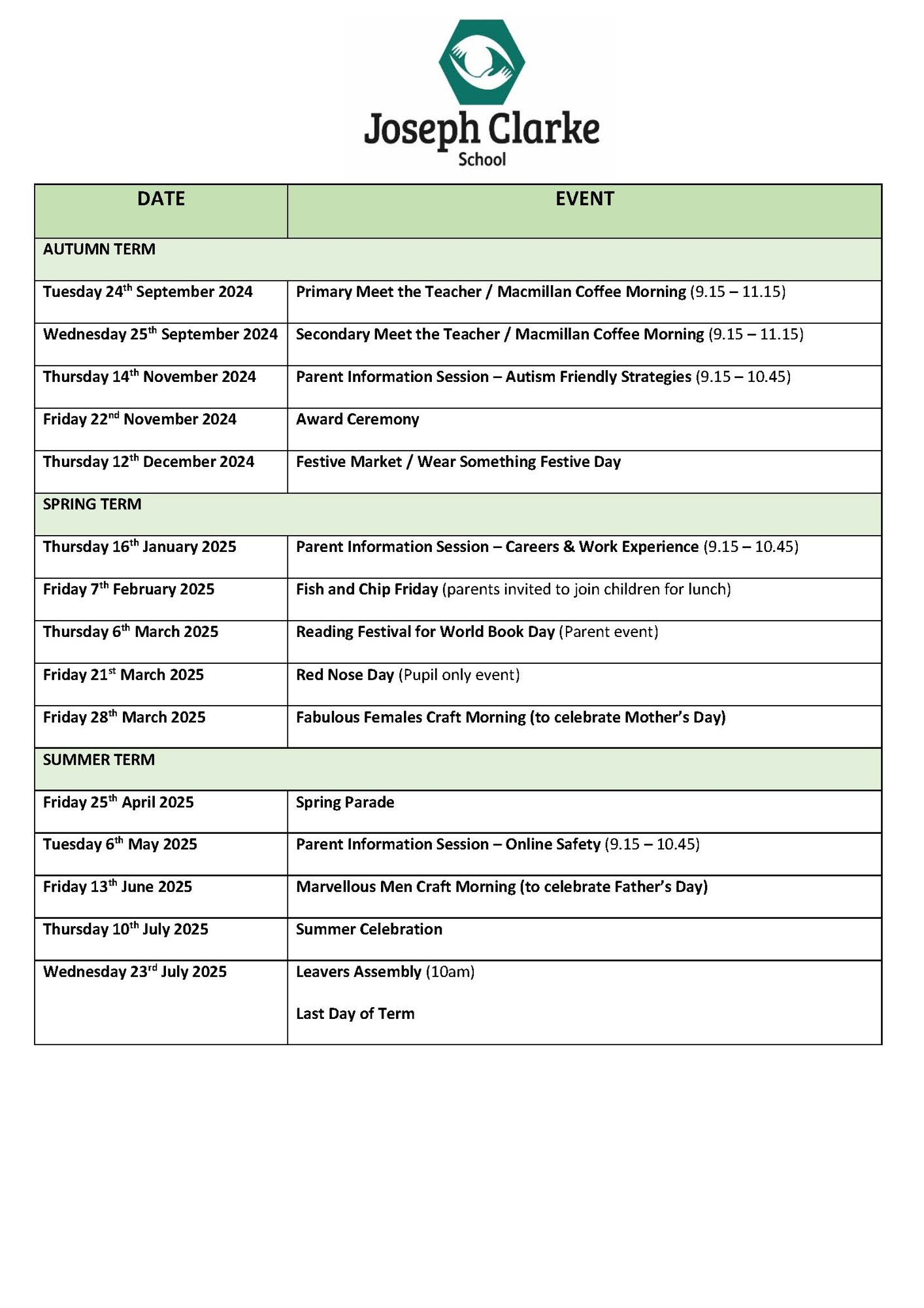 Calendar of events parents carers 2024 2025