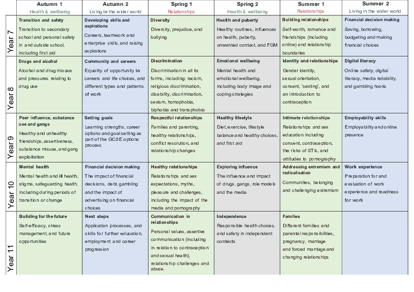Secondary PSHE Curriculum Overview