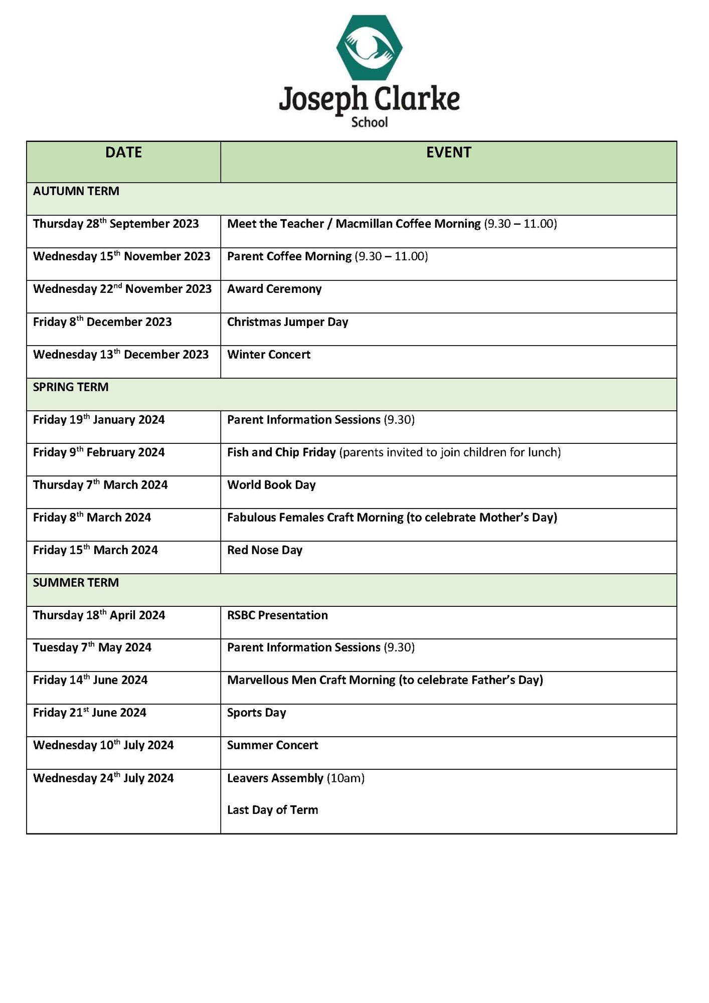 Dates for school events 23 24 parents carers